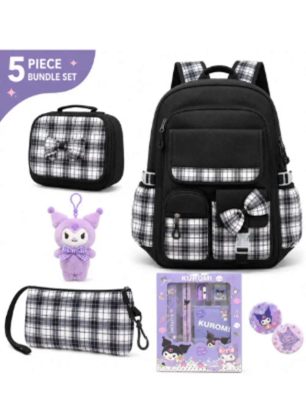 Kuromi 5Pc Backpack Set Plaid School Bag Lunch Bag Pencil Case Plush NWT